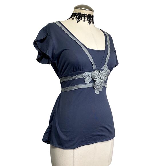 Deletta Coquette Cottage Core Tie Back Blue Rose Blouse - Picture 3 of 11